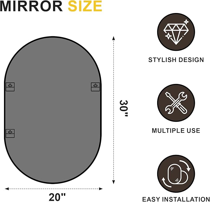 Oval Bathroom Mirror for Wall, 20"x30" Bathroom Vanity Mirror for Over Sink, Bedroom, Living Room, Entryway, Metal Frame with HD Shatterproof Glass, Wall Mounted Horizontally or Vertically (Black)