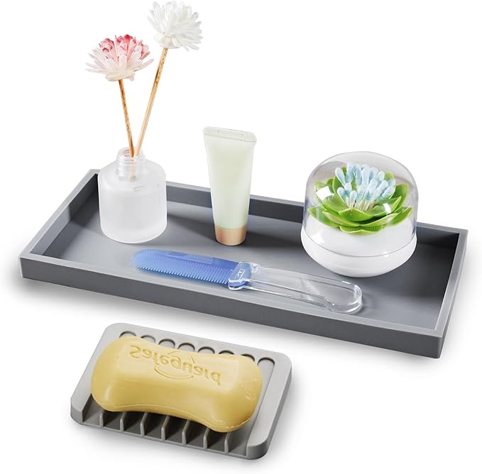 Bloss Silicone Tray Set for Bathroom/Kitchen - 15.7" Bathroom Soap Dispenser Tray and Soap Holder, Silicone Vanity Trays Countertop Organizer for Scrubber, Perfume, Jewelry, Candle Tray
