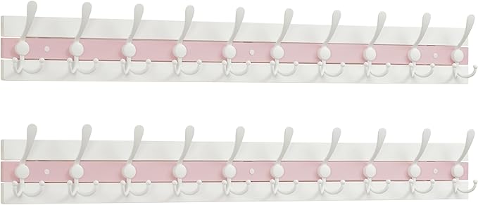 SKOLOO Coastal Coat Rack Wall Mount-38.12" Beach House Entryway Wooden Coat Hook with 10 Hooks for Hanging Coats, Hats or Towels, Oceanfront Cottage Core Collection, White & Palm Beach Pink, Pack of 2