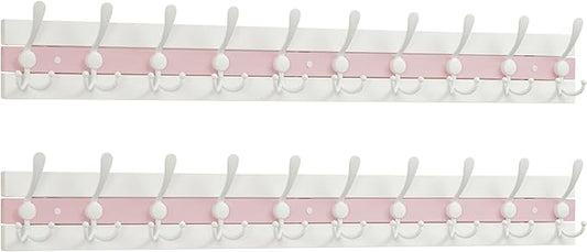 SKOLOO Coastal Coat Rack Wall Mount-38.12" Beach House Entryway Wooden Coat Hook with 10 Hooks for Hanging Coats, Hats or Towels, Oceanfront Cottage Core Collection, White & Palm Beach Pink, Pack of 2