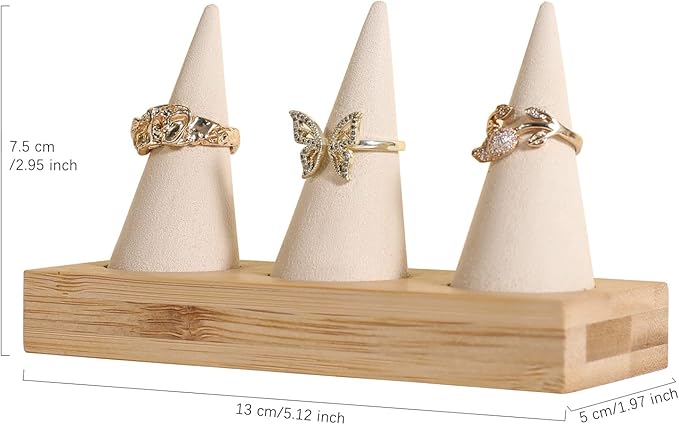 GemeShou Beige wood ring storage organizer, Velvet Jewelry ring display holder, Cute ring display stand for selling, wedding ring holder at nightstand【Beige with three cone】