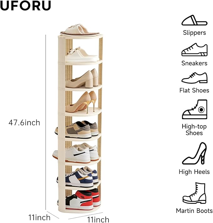 Vertical Shoe Rack 8 Tier Adjustable Shoe Organizer Small Shoe Shelf for Closet, Narrow Entryway, or Bedroom Easy to Assemble and Disassemble Holds Up to 8 Pairs of Shoes (White)