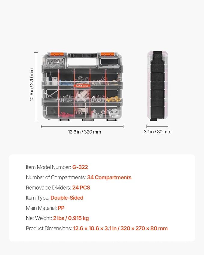 VEVOR Small Parts Organizer, 34-Compartment Double Side Tools Organizer Box with 24 Removable Dividers, PP Hardware Storage Box with Safety Latch & Portable Handle for Nuts, Bolts, Screws, Nails