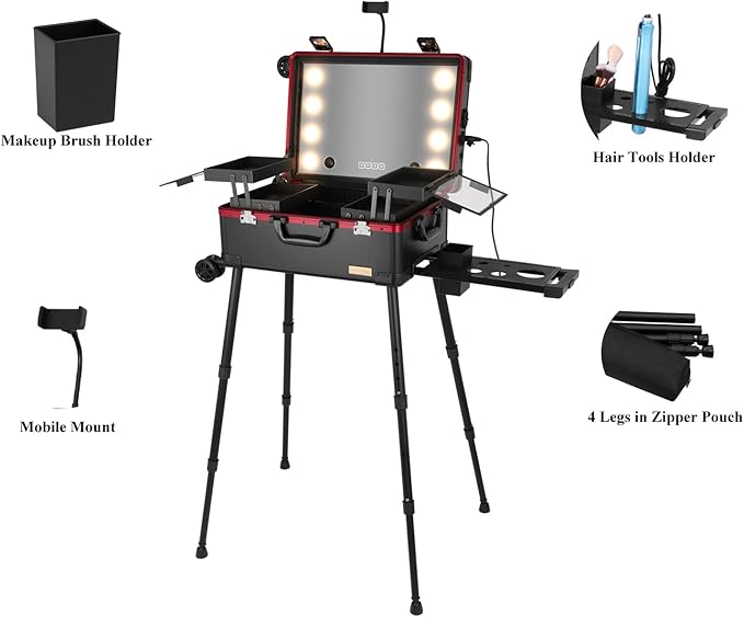 20" Aluminum Ligthed Makeup Train Case with LED Lights Professional Cosmetic Organizer Studio with Speaker, Wheels and Stands Rolling Trolley Makeup Vanity Station for Travel (Black)