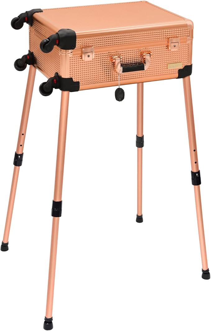 Aluminum Trolley Makeup Train Case with LED Lights Professional Cosmetic Organizer Studio with Speaker, Wheels and Stands Rolling Lighted Makeup Vanity Station for Travel (Rose Gold)