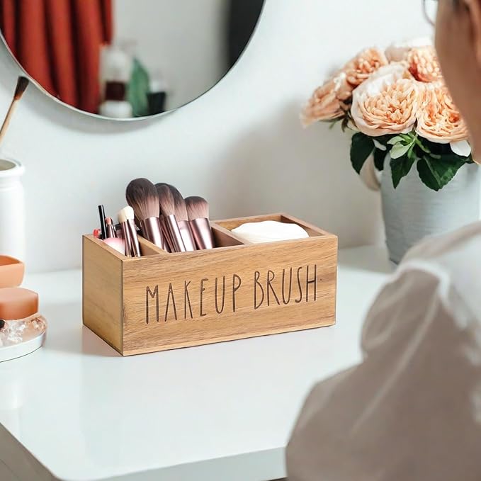 Acacia Wood Makeup Brush Organizer for Vanity,Cosmetic Skincare Organizers, Makeup Organizer with 3 Slots,Organizer Countertop for Cosmetics,Skincare, Brushes, Mascara,Lipstick,Pencils, Brown