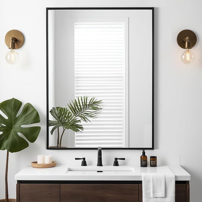 Rectangle Bathroom Mirror 28x34 inch, Large Mirror with Black Frame, Rectangular Vanity Mirror 28" X 34", Modern Matte Wall Mounting Mirrors, Hang Horizontal or Vertical