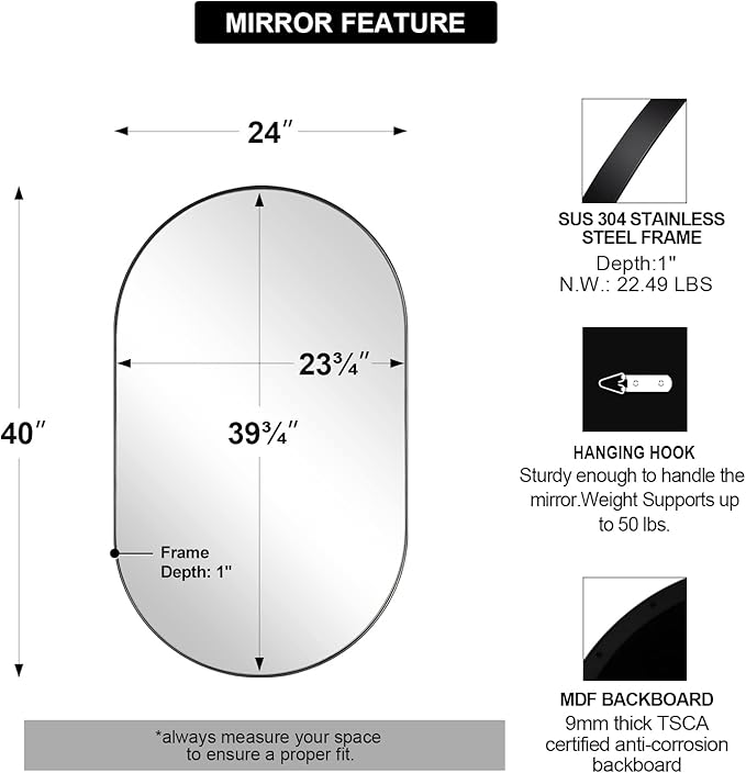 ANDY STAR Oval Mirrors for Bathroom, 24x40’’ Black Vanity Mirror, Black Oval Mirror Pill Shaped, 1’’ Deep Stainless Steel Frame, Wall-Mounted Horizontally/Vertically