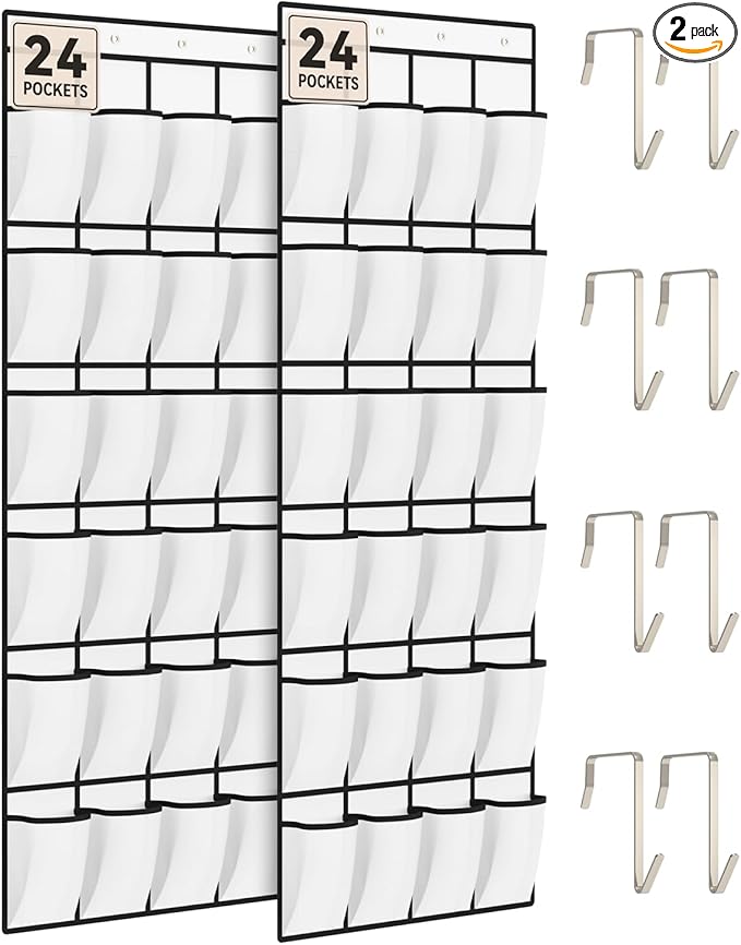 dodowin Over the Door Shoe Organizers, 2 Pack, Each with 24 Deep Mesh Pockets & 4 Metal Hooks, Over The Door Shoe Rack Space Saving Hanging Storage Holder for Closets, Shoes & Accessories, White