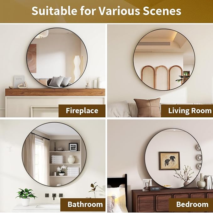 Black Round Mirror, 20 Inch Circle Bathroom Mirror with Metal Frame, Wall-Mounted for Entryway, Bathroom, Vanity, Living Room