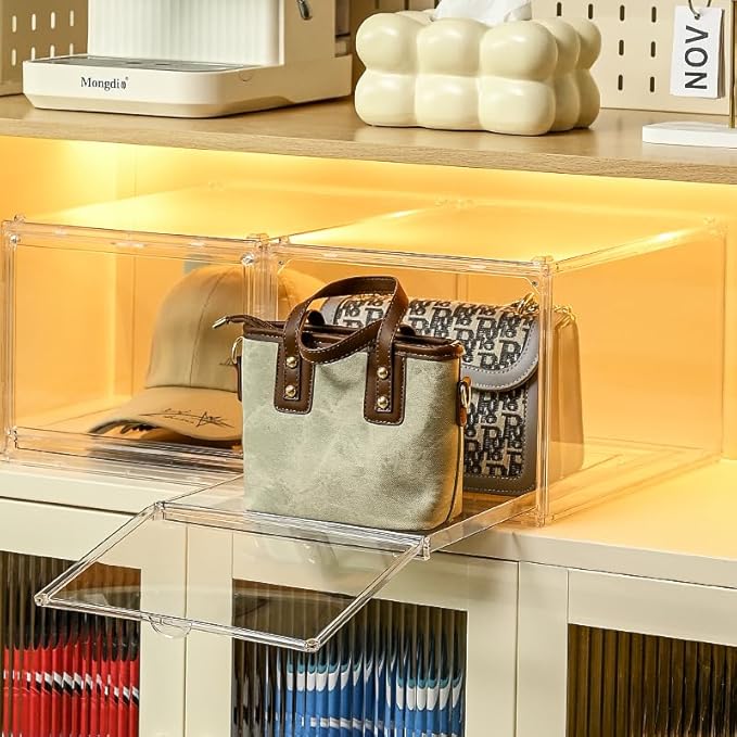 Stackable Clear Handbag Display Case for Closet with Drawers, Acrylic Box Display Case Showcase with Magnetic Door, Plastic Storage Bins Storage Drawers Containers for Organizing