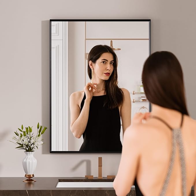 LOAAO Black Bathroom Mirror 24"X30" for Wall, Rectangle Bathroom Vanity Mirror, Hangs Vertically or Horizontally, Easy to Install, Modern Design