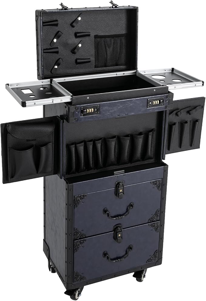 Rolling Lockable Makeup Train Case,Large Cosmetic Organizer Train Case Makeup Travel Case with 360° Swivel Wheels, Trolley Makeup Travel Organizer,Black