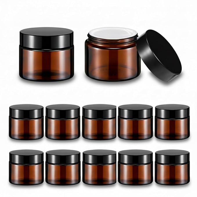 Domensi 12 Pcs 2 oz Glass Jars with Lids Travel Size Round Leakproof Empty Cosmetic Jars with Inner Liners Lid for Storing Makeup Lotions Face Cream Ointments Candle DIY Making (Amber)