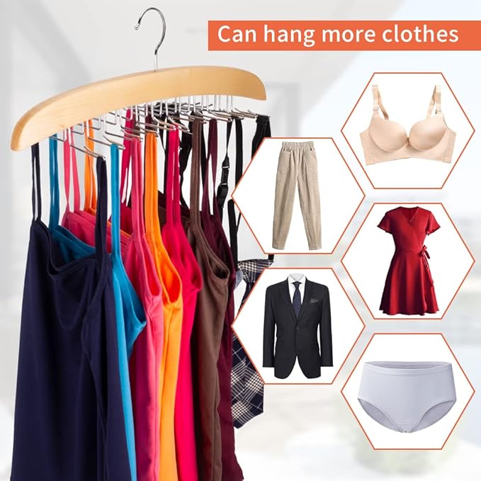 3 Pack Tank Top & Bra Hanger, Tie & Belt Hanger with Natural Wood, 24 Space Saving, 360 Rotating, Foldable Metal Hooks, Closet Organizer and Storage Rack for Tank Tops/Bras/Ties/Belts