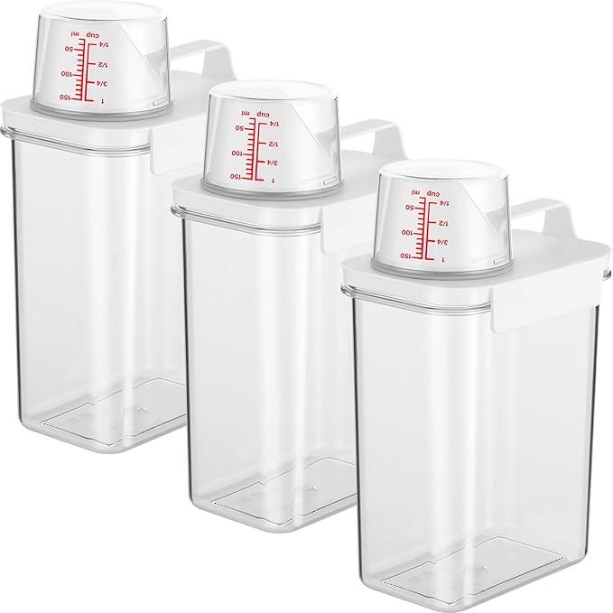 3 PCS Liquid Laundry Detergent Dispensers, 61oz Laundry Bead Dispenser, Clear Airtight Fabric Softener Container, Liquid Detergent Box for Laundry Room Organization and Storage with Measuring Cup