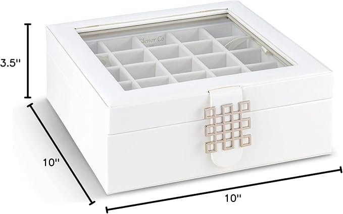 Glenor Co Earring Organizer - Classic 50 Section Jewelry Box/Case/Holder for Earrings, Rings, Necklaces, Jewelry, Cufflinks or Collections -2 Layer Small Compartments with Large Glass Top - White