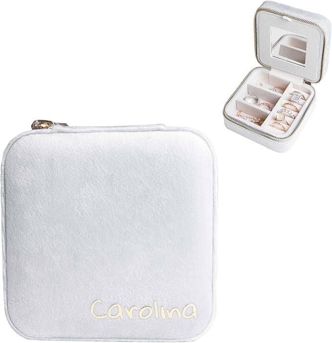 Customizable Compact Velvet Jewelry Box with Mirror, Travel Jewelry Case, Travel Jewelry Organizer, Jewelry Box for Women and Girls, Small Jewelry Organizer (Bottom Right Text, Milky Gray)