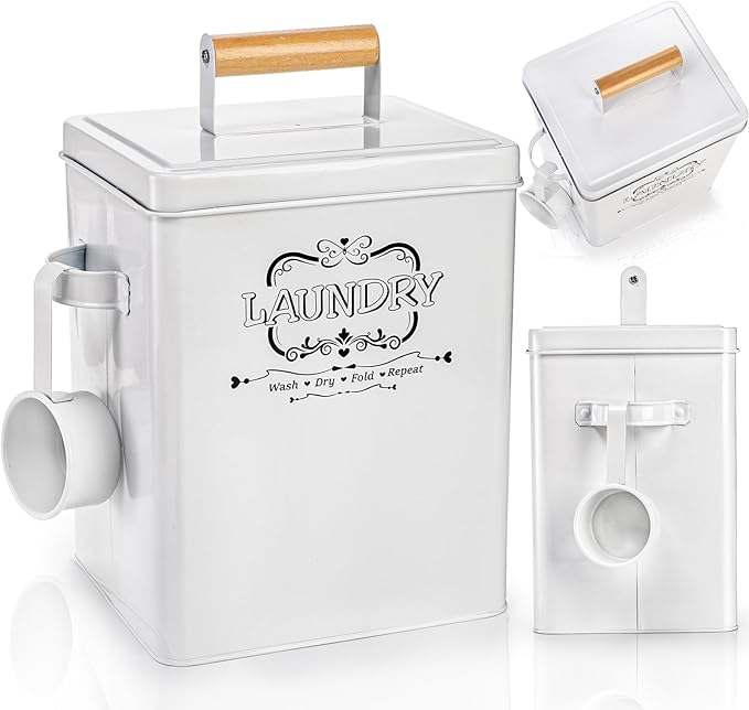 Goaste Metal Laundry Detergent Container, 100oz Modern Laundry Soap Dispenser with Scoop & Lid, Farmhouse Laundry Powder Storage Bin, White Laundry Pod Canister Tin Box for Laundry Organization