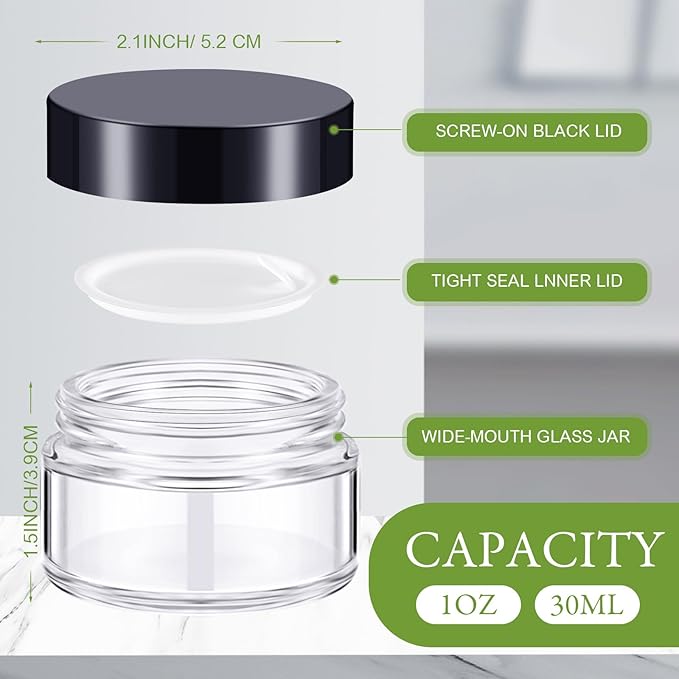 Domensi 100 Pcs 1 oz Glass Jars with Lids Bulk Round Glass Cosmetic Jars for DIY Lip Balm Small Travel Containers with Inner Liner for Lotions Powders Ointments Sample Cream(Clear, Black)