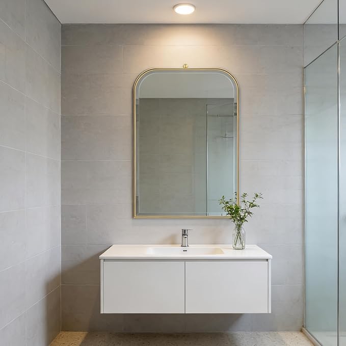 POZINO Brushed Gold Beveled Mirror, 24"x38" Arched Vanity Mirror Over Sink, Rounded Rectangle Mirrors with Stainless Steel Frame, Brass Oblong Mirrors for Bathroom Bedroom Living Room Entryway