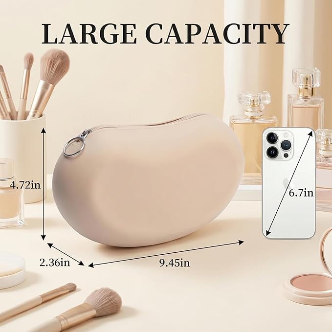 Silicone Makeup Bag for Travel, Zipper Makeup Tools Bag, Large Makeup Brush Holder, Waterpoof Toiletry Bag, Large Capacity Cosmetic Bags, Gifts for Girls Girlfriend Wife Birthday Gift (Khaki)