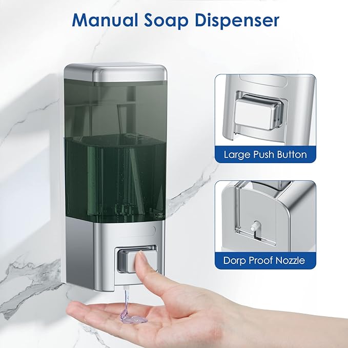 Wall Mount Manual Soap Dispenser, 17oz/500ml Large Capacity Kitchen Bathroom Hand Soap Dispenser, Commercial Refillable Shampoo Shower Gel Lotion Dispenser, Chrome&Brown
