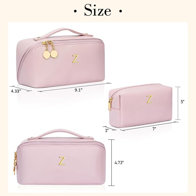 Valentine's Day Gifts for Women Teen Girl, Personalized Initial Makeup Organizer Bag Set, Open Flat Travel Cosmetic Bag With Clear Divider and Handle(Pink,Z)