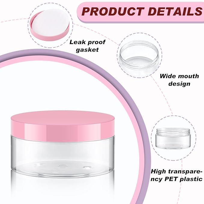 Dandat 24 Pcs 4 oz Plastic Jar Container with Lid and Label Refillable Empty Round Clear with Pink Pet Cosmetic Sample Slime Containers for Lotion, Cream, Ointments, Body Butter, Makeup Travel Storage