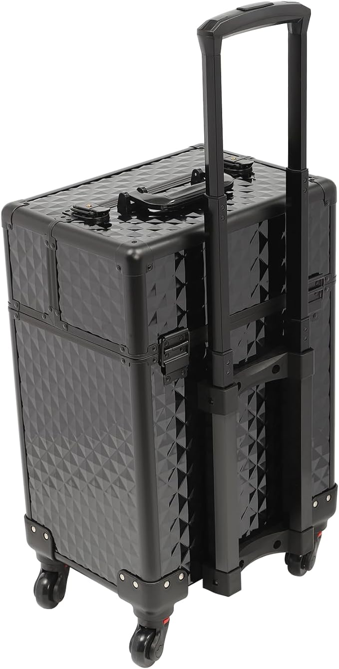 Rolling Makeup Train Case Large Cosmetic Trolley Nail Bag Organizer Professional Manicure Tool kit Portable Manicure Storage Case with Swivel Wheels 4 Tray and Sliding Rail (Black)