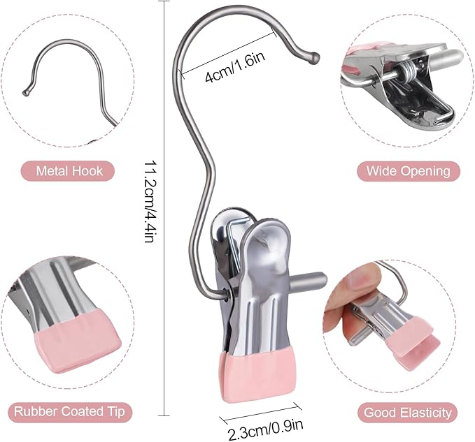 50PCS Space-Saving Clothespin, Portable 360° Rotating Stainless Steel Hanging Hook Clips Towel Clips,Laundry Hooks Hanging Clips with Clips for Home and Travel, Pink