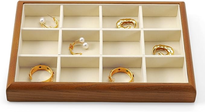 Solid Wood 12 Grids Jewelry Tray Stackable Jewelry Drawer Organizer Showcase Display Organizer Tray for Rings Earrings(Beige)