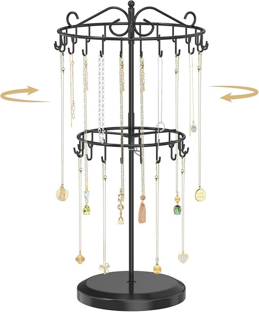 MODOWEY Rotating Necklace Holder Organizer Display Stand with 42 Hooks, 2 Tier Adjustable Metal Tree for Long Necklace Hanger Selling, Tall Spinning Bracelet Storage Rack for Men Women, Black