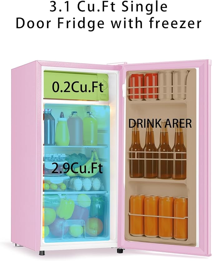 Seaoola Mini Fridge with Freezer, Single Door 3.1 Cu.Ft, Compact Mini Refrigerator, LED Light, Adjustable Thermostat, Removable Glass Shelves, Small Refrigerator for Dorm/Office/Bedroom(Pink)