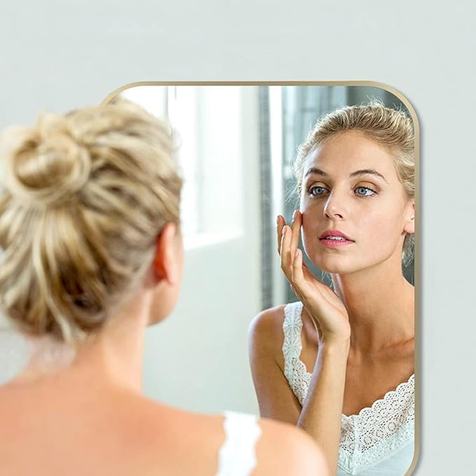 40x30 Inch Gold Bathroom Mirror, Brushed Gold Metal Framed Rectangular Mirror with Rounded Corner, Bathroom Vanity Mirror for Bedroom or Living Room, Horizontal/Vertical