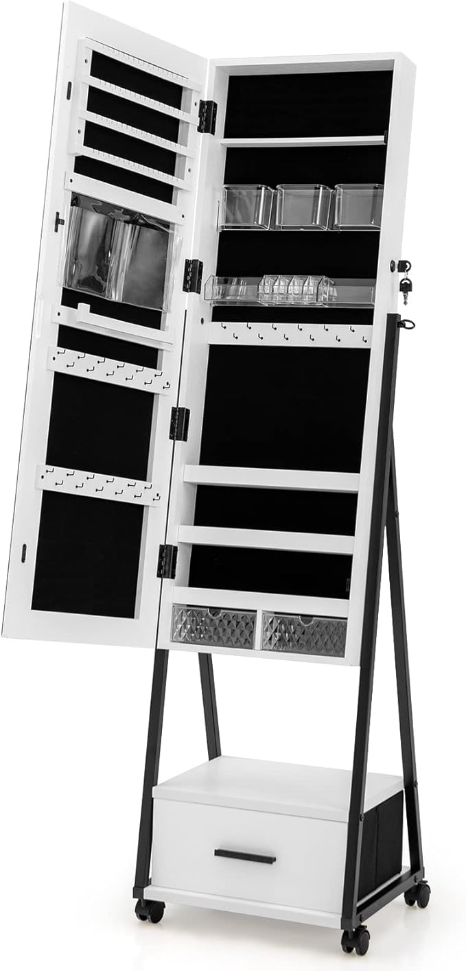 CHARMAID Rolling Jewelry Cabinet with Full Length Mirror, Lockable Standing Jewelry Armoire with Wheels, Steel Legs, Lipstick Brush Storage, Jewelry Organizer Box with Drawers (White)
