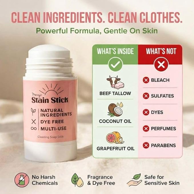 Mary’s Non Toxic Stain Remover Stain Stick with Scrub Base, Natural Refillable Laundry Stain Remover, Safe for Baby Clothes, Works on Blood, Grass, Food, Ink & Markers