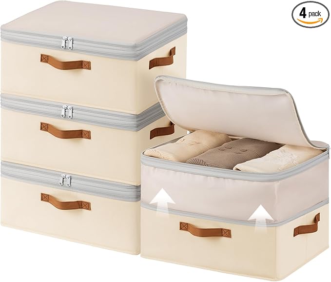Large Closet Storage Bins - Compression Organizer Bins, Stackable Closet Organizer, Expandable Under Bed Storage Containers for Clothes, Towels, Sheet, 4 Pack, Beige