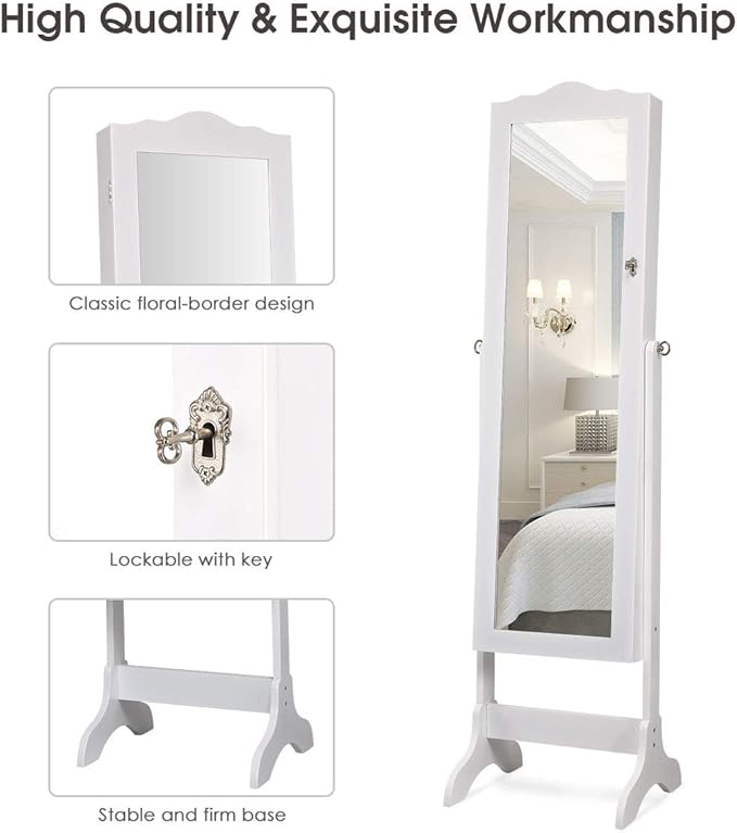 Giantex Jewelry Armoire Organizer with Full Length Mirror, 14 LEDs Floor Standing Jewelry Cabinet with 2 Drawers, 4 Adjustable Angles, Lockable Jewelry Storage Box Cabinet (White)