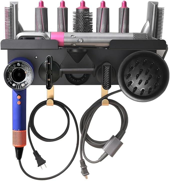 Wall Mount Holder for Dyson Airwrap Styler & HD16 Hair Dryer, 2-in-1 Curling Iron Organizer with Hooks, Magnetic Storage Rack for Accessories Nozzles Barrels Brushes