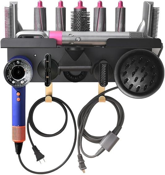 Wall Mount Holder for Dyson Airwrap Styler & HD16 Hair Dryer, 2-in-1 Curling Iron Organizer with Hooks, Magnetic Storage Rack for Accessories Nozzles Barrels Brushes