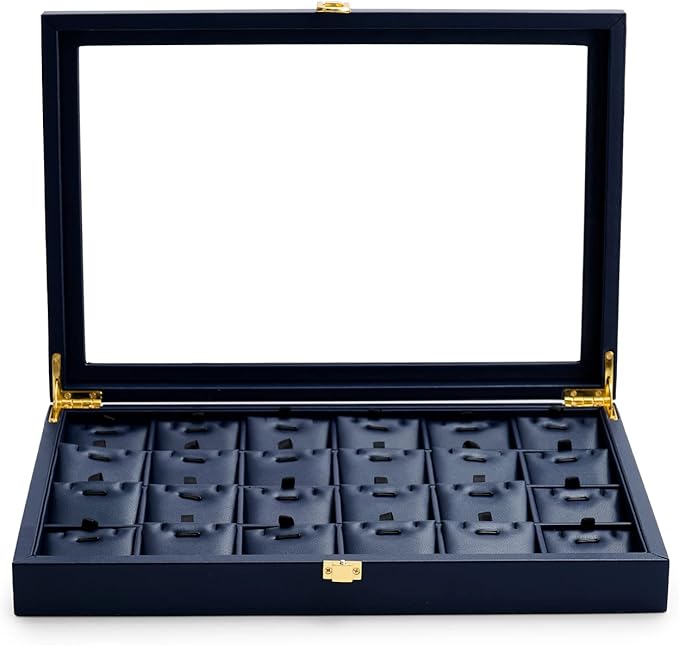 Oirlv Premium Blue Leather Jewelry Tray with 24 Grid Removable Jewelry Cards Jewelry Organizer Box with Transparent Acrylic Lid Necklace Pendant Display Case