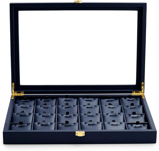 Oirlv Premium Blue Leather Jewelry Tray with 24 Grid Removable Jewelry Cards Jewelry Organizer Box with Transparent Acrylic Lid Necklace Pendant Display Case