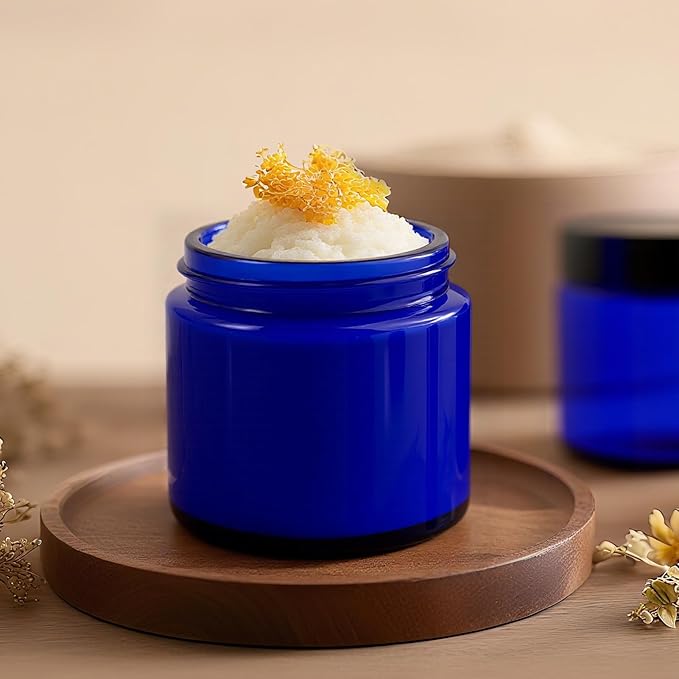 4oz Jars with Lids, Hoa Kinh 12 Pack Blue Glass Jars with Lids Empty Cosmetic Containers Round Airtight Glass Jar with Inner Liners and black Lid for Storing Lotions, Powders, and Ointments