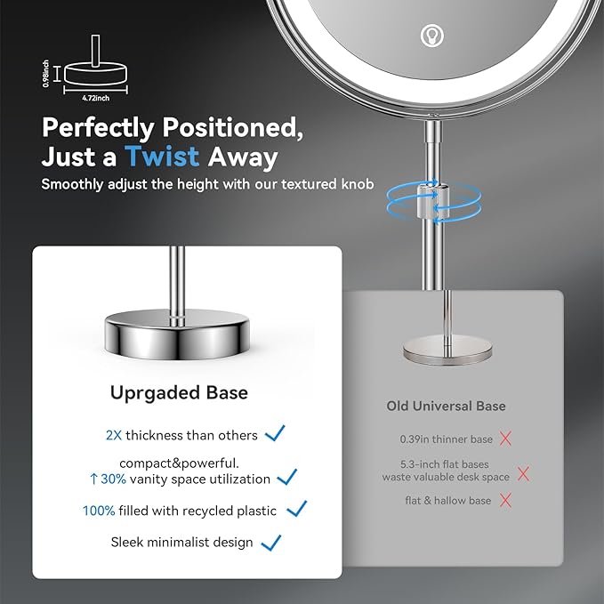 Nicesail LED Lighted Makeup Mirror Tabletop, 10X Magnifying Mirror with 3 Color Lights, Brightness Adjustable Height, Light up for Desk Make up Vanity Table, Double Sided Chrome Finish (8 Inch, 10X)