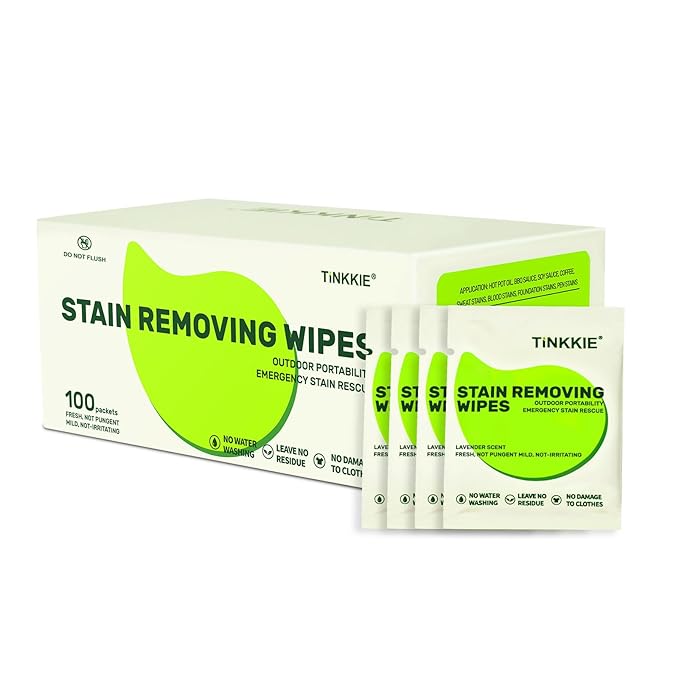 100 Pack Stain Remover Wipes for Clothes & Fabric – Instant Clothing Stain Remover for Shoes, Shirts & Jackets, Individually Wrapped Portable Wipes for Travel & On-the-Go Cleaning
