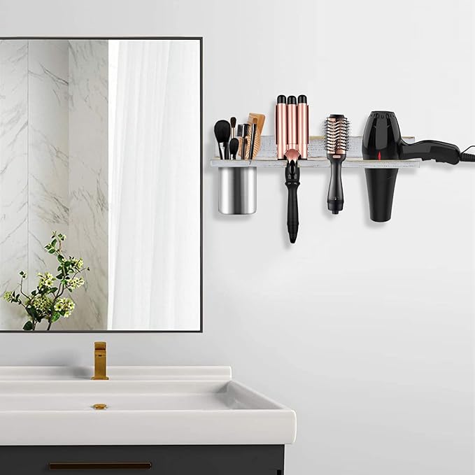 Hair Tool Organizer Wall Mounted, Sturdy Pine Wood Construction, Removable Stainless Steel Cup, Holds Hair Dryers, Straighteners, Curling Irons, Brushes, and More, White