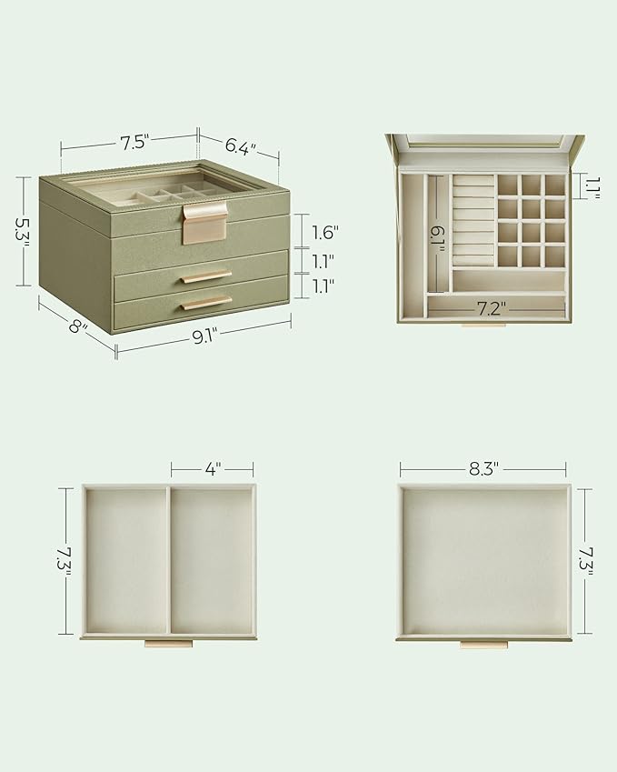SONGMICS Jewelry Box Organizer with Glass Lid, 3-Layer Jewelry Storage, with 2 Drawers, Modern Style, 8 x 9.1 x 5.3 Inches, Laurel Green and Gold Color UJBC239C02