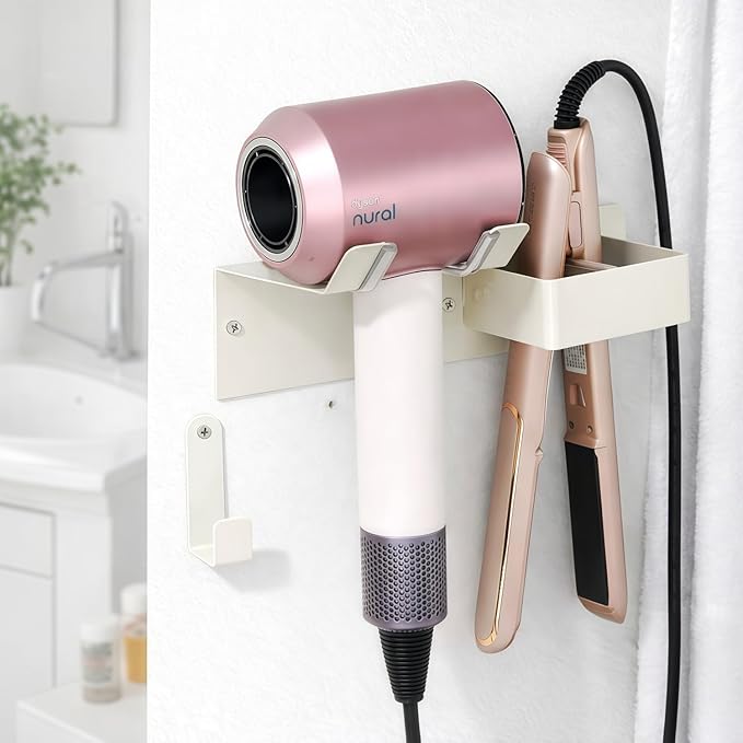 Hair Dryer and Straightener Holder, Stainless Steel Hair Dryer Stand for Bathroom, Hair Dryer Holder Wall Mounted Adhesive or Drilling, Hair Tool Organizer for Salon Barber Shops White