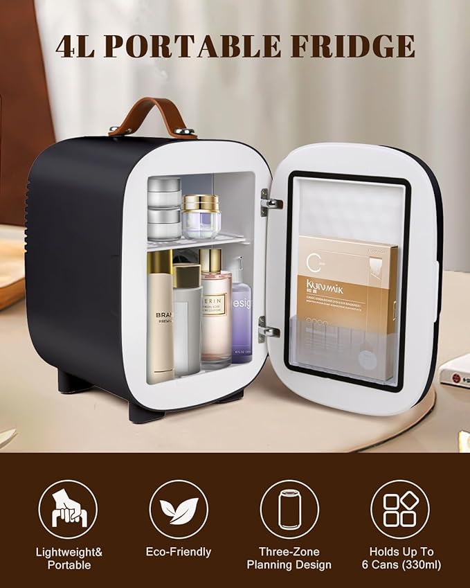 Mini Fridge for Bedroom, 4 Liter/6 Cans Skincare Small Refrigerator, AC/DC Portable Mini Cooler & Warmer, Small Fridge for Camping, Dorm, Office, Car (Black)